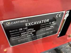 2026 Cartiwell CW-16S 1.6T Excavator c/w 2 x Buckets - 16